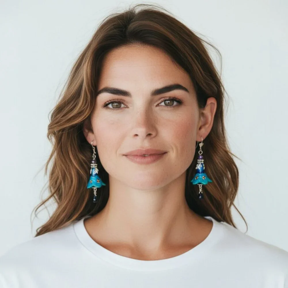 Aqua Blue Purple Hand Painted Lucite Flower Earrings, Crystal, Filigree
